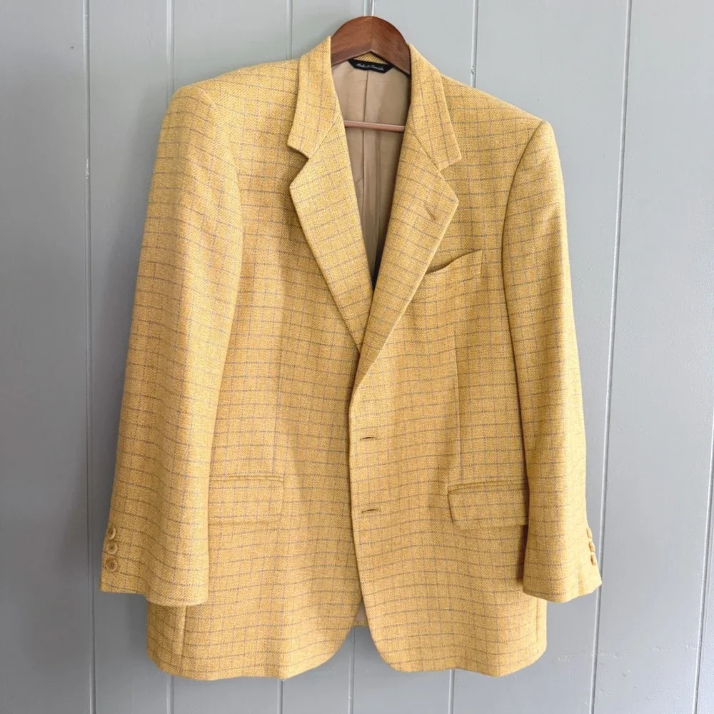 Vtg Maus & Hoffman 100% Cashmere Blazer Mens 42R Yellow Windowpane Quiet Luxury